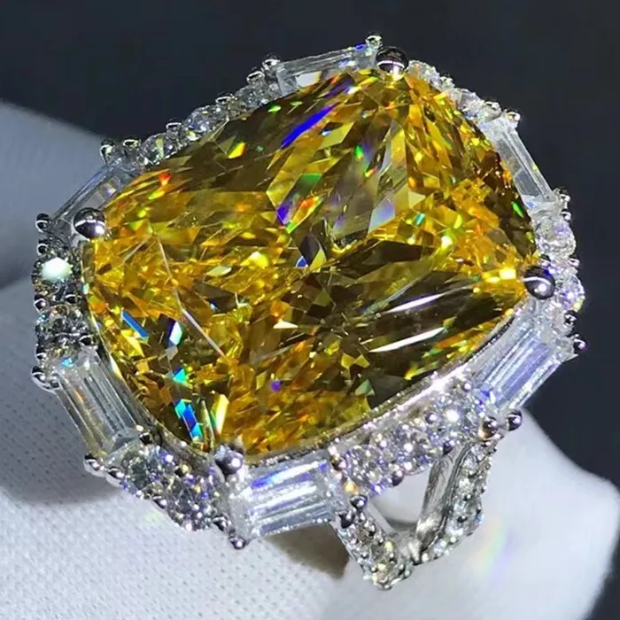 Leyloon Jewelry Rings 10 Carat Cushion Cut Moissanite Ring Deep Yellow VVS Halo Split Shank