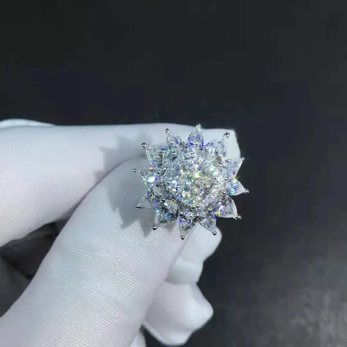 Leyloon Jewelry Rings 2 Carat Cushion Cut Moissanite Ring KM Colorless 13 Stone Double Halo Starburst