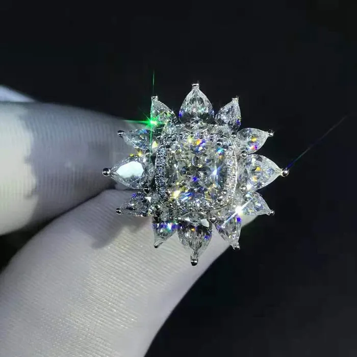 Leyloon Jewelry Rings 2 Carat Cushion Cut Moissanite Ring KM Colorless 13 Stone Double Halo Starburst