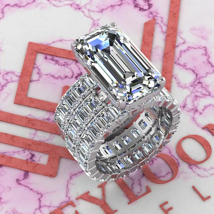 Leyloon Jewelry Rings 20 CTW Elongated Emerald Cut ThreePiece Bridal D Color Basket Moissanite Set