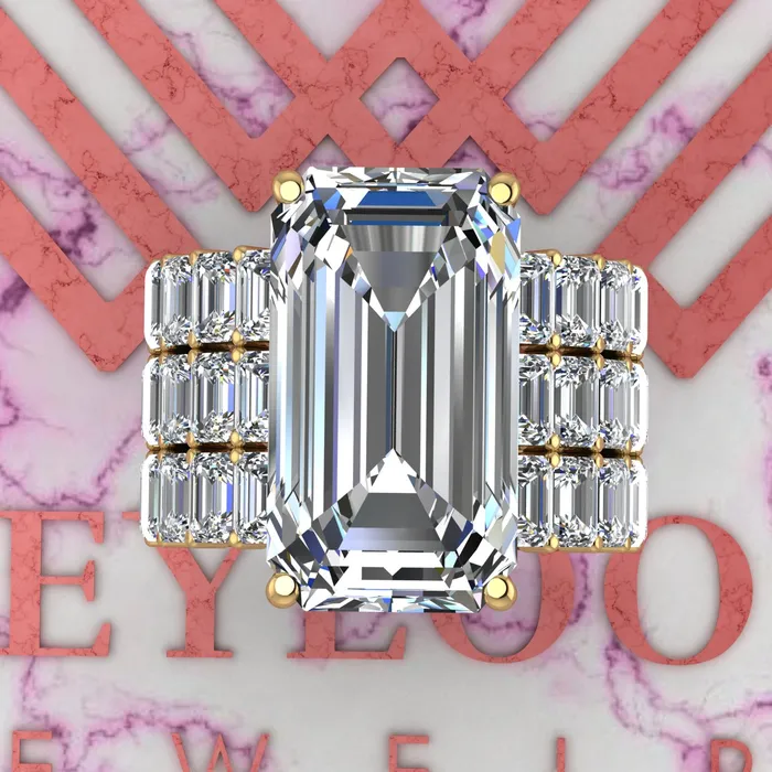 Leyloon Jewelry Rings 20 CTW Elongated Emerald Cut ThreePiece Bridal D Color Basket Moissanite Set