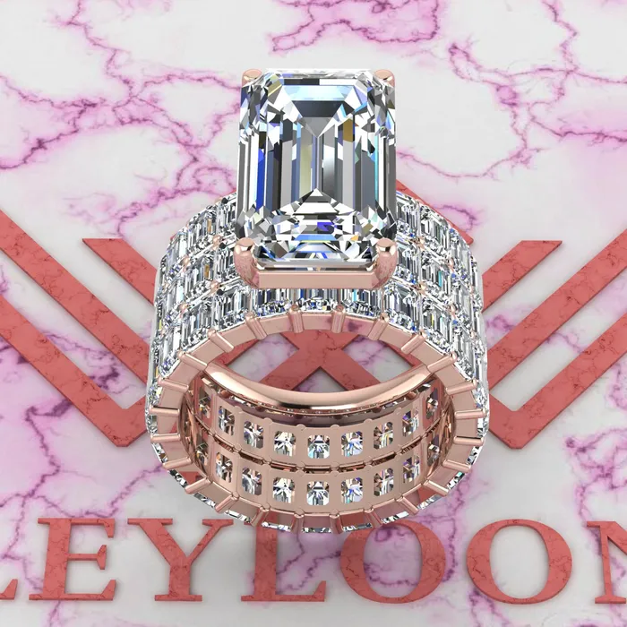 Leyloon Jewelry Rings 20 CTW Elongated Emerald Cut ThreePiece Bridal D Color Basket Moissanite Set