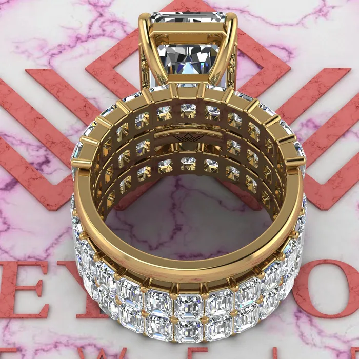 Leyloon Jewelry Rings 20 CTW Elongated Emerald Cut ThreePiece Bridal D Color Basket Moissanite Set