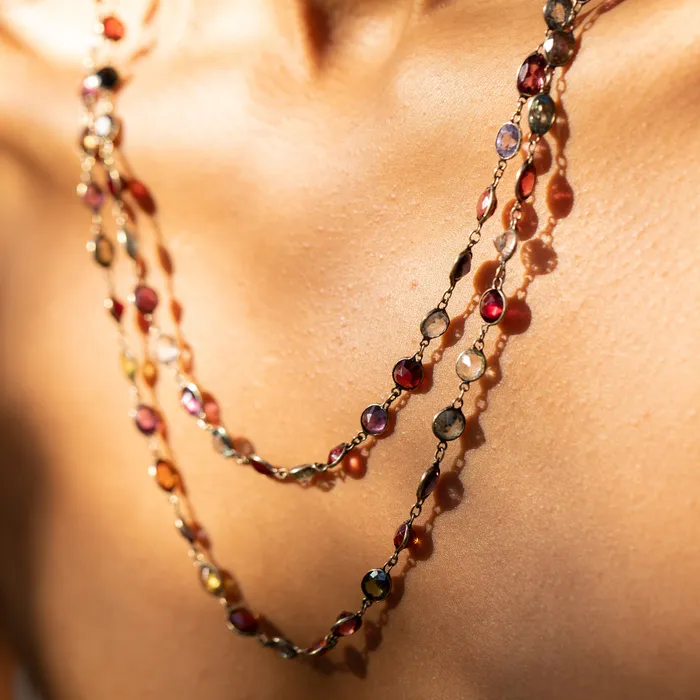 Necklaces Antique Victorian Harlequin MultiGemstone and 9K Chain Necklace