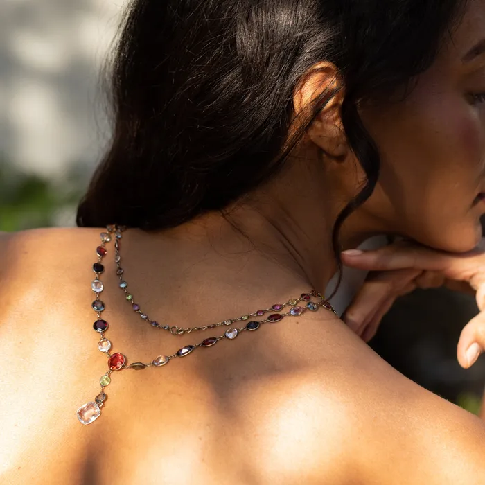 Necklaces Antique Victorian Harlequin MultiGemstone and 9K Chain Necklace