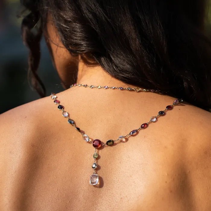 Necklaces Antique Victorian Harlequin MultiGemstone and 9K Chain Necklace