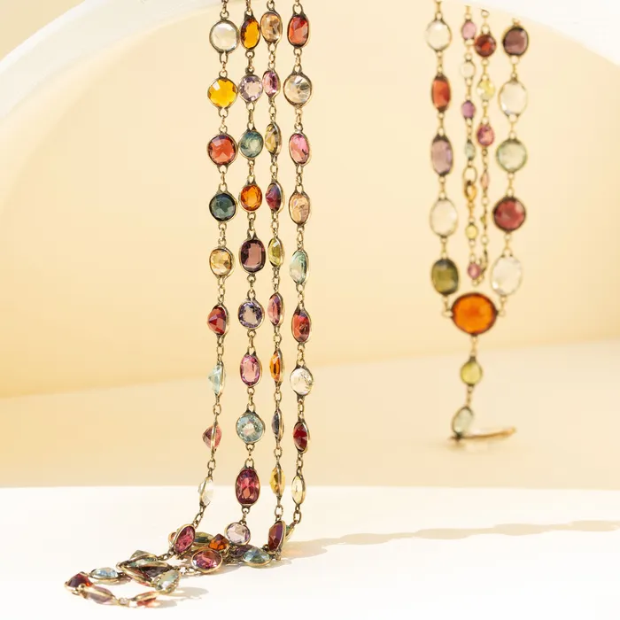 Necklaces Antique Victorian Harlequin MultiGemstone and 9K Chain Necklace