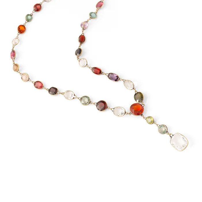 Necklaces Antique Victorian Harlequin MultiGemstone and 9K Chain Necklace