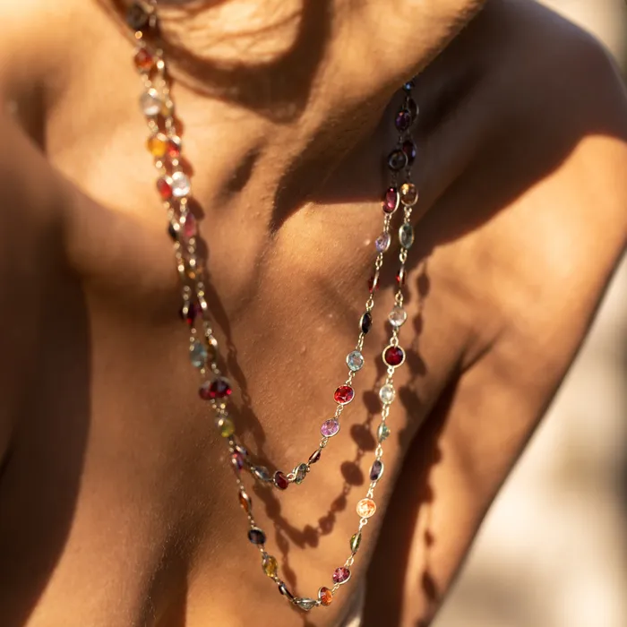 Necklaces Antique Victorian Harlequin MultiGemstone and 9K Chain Necklace