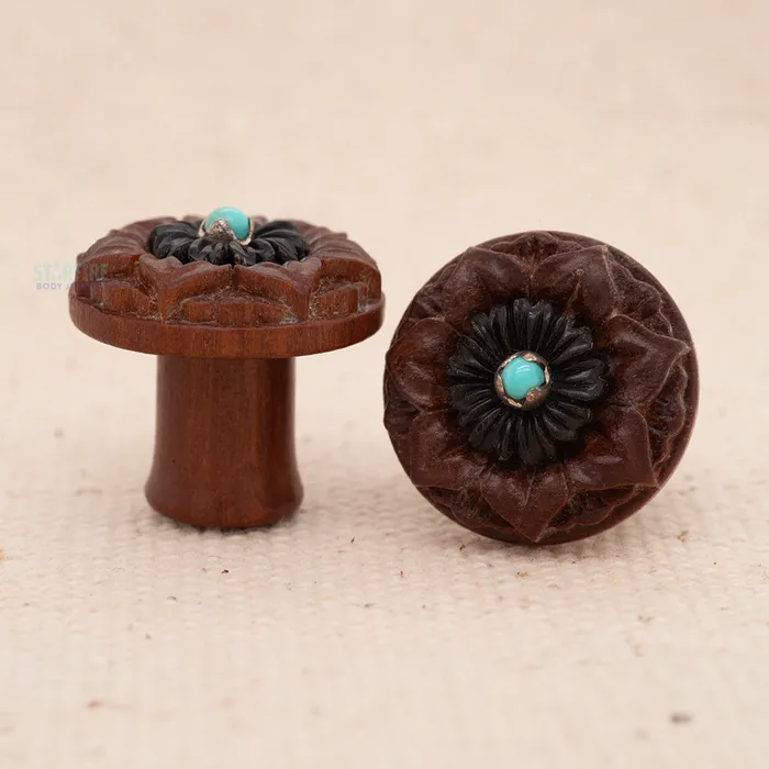 Necklaces Flaming Bones by Borneo Joe DoubleFlared Wood Plugs Flower with Turquoise 0 ga Necklaces Flaming Bones by Borneo Joe DoubleFlared Wood Plugs Flower with Turquoise 0 ga