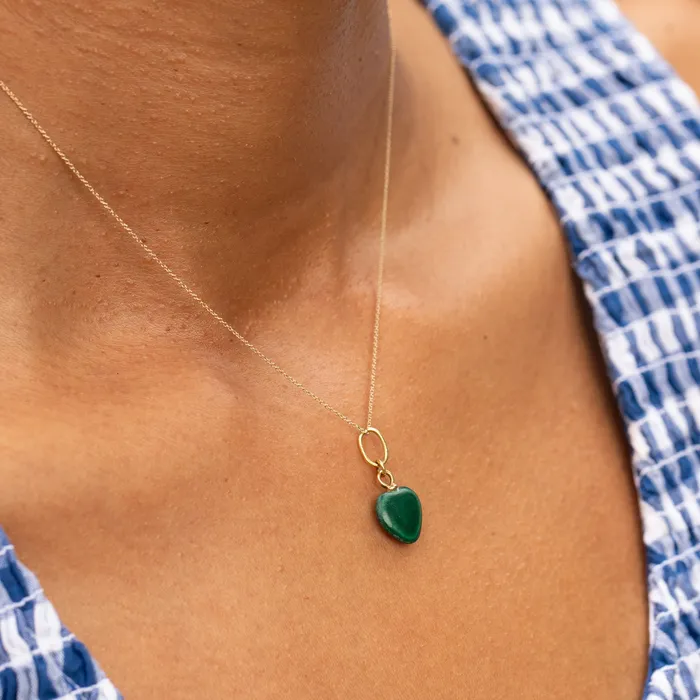 Petite Malachite Heart and 14K Gold Charm Vintage Necklaces