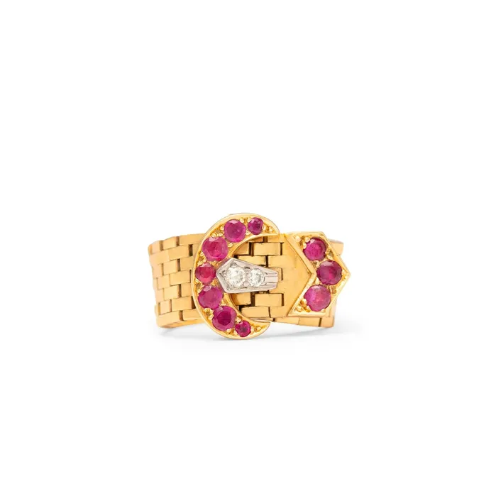 Retro Ruby Diamond and 14k Gold Buckle Ring Vintage Rings