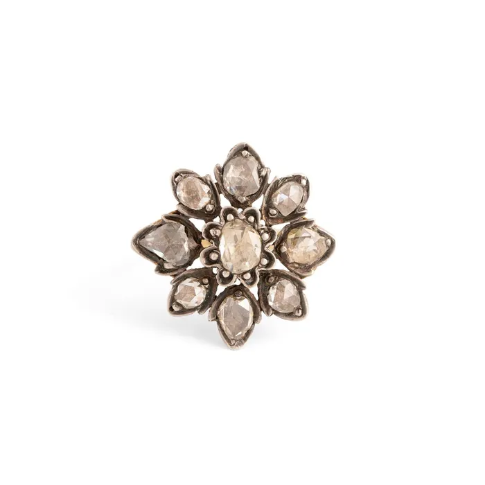 Rings Antique Victorian Rose Cut Diamond Silver and 14k Gold Cluster Ring Rings Antique Victorian Rose Cut Diamond Silver and 14k Gold Cluster Ring