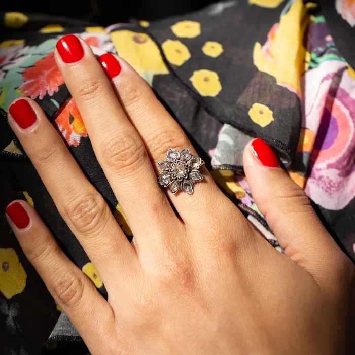 Rings Antique Victorian Rose Cut Diamond Silver and 14k Gold Cluster Ring