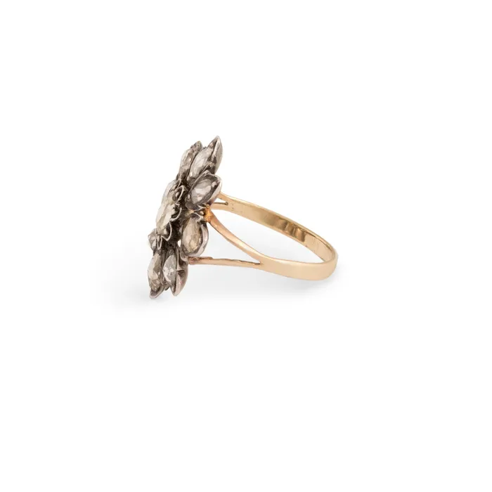 Rings Antique Victorian Rose Cut Diamond Silver and 14k Gold Cluster Ring