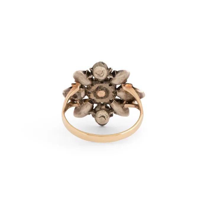 Rings Antique Victorian Rose Cut Diamond Silver and 14k Gold Cluster Ring