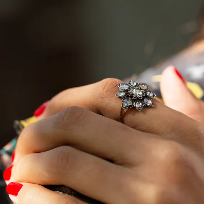Rings Antique Victorian Rose Cut Diamond Silver and 14k Gold Cluster Ring