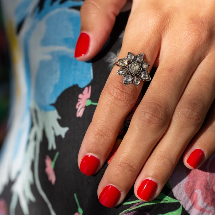 Rings Antique Victorian Rose Cut Diamond Silver and 14k Gold Cluster Ring