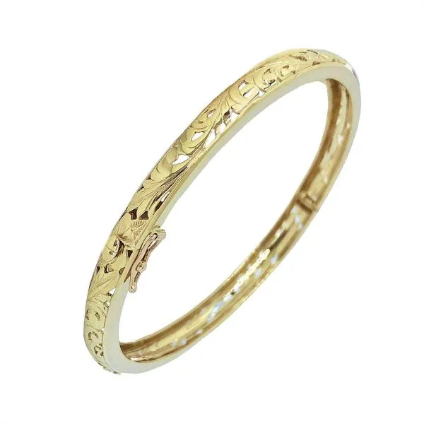 Rosa Marianas Bracelets 14KT Solid Yellow Gold Kirida 6mm Cutin Plumeria Scrolled Bangle with Box Clasp and Hinge