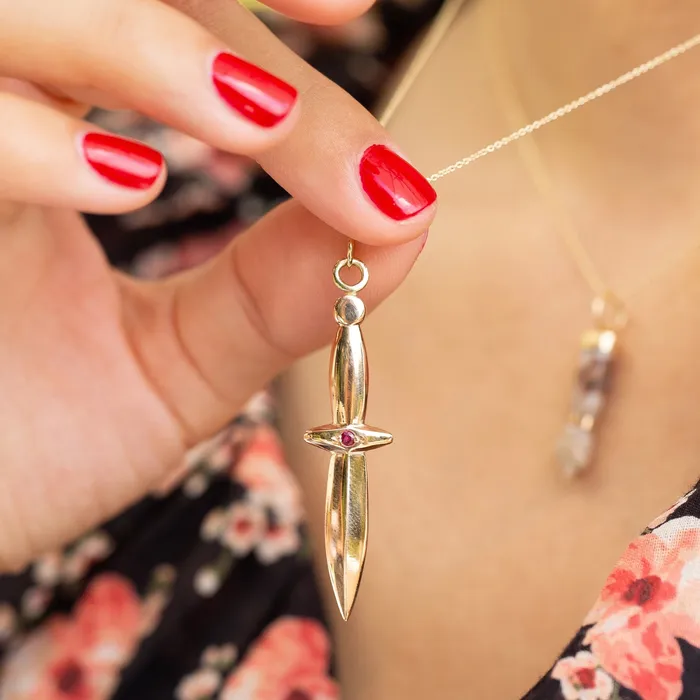 Ruby and 14k Rose Gold Sword Charm Vintage Earrings