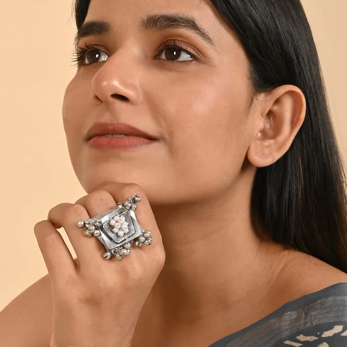 Teejh Amvii Pearl and Silver Oxidised Ring Teejh Rings Teejh Amvii Pearl and Silver Oxidised Ring Teejh Rings