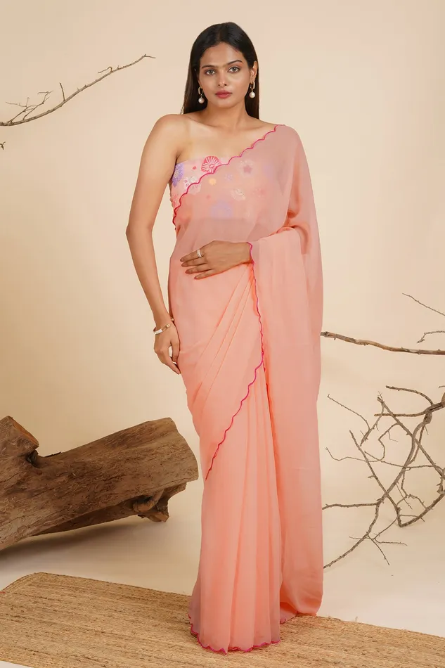 Teejh Apricot Aura Georgette Saree Teejh Earrings