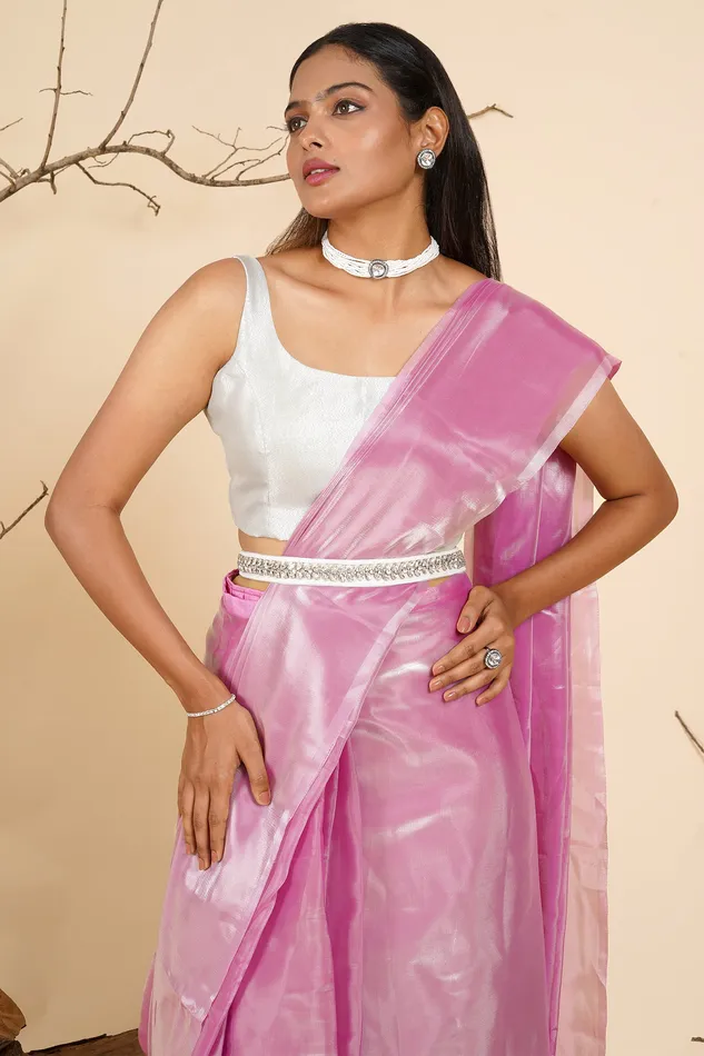 Teejh Earrings Teejh Barbie Pink Tissue PreDraped Saree