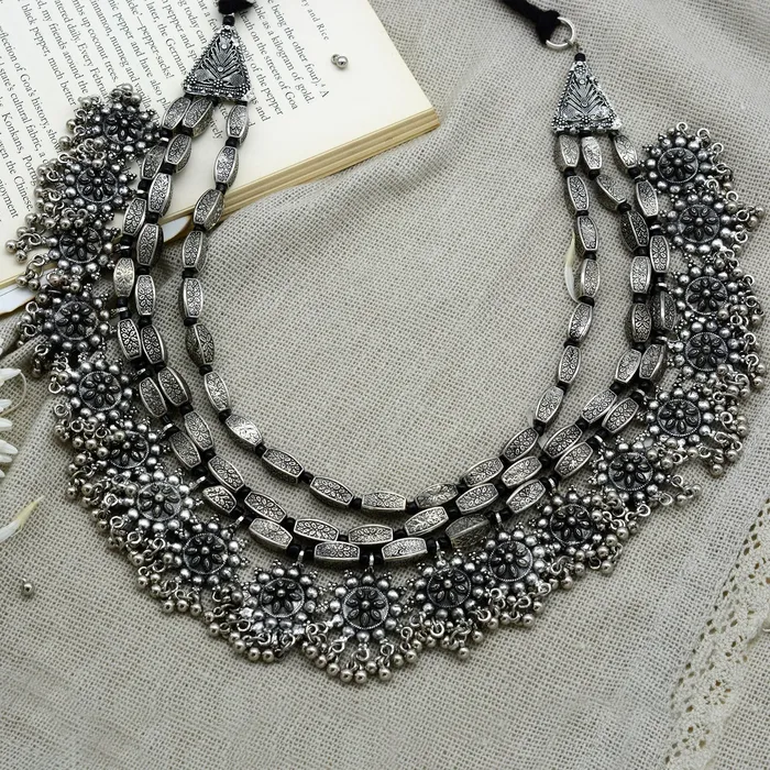 Teejh Necklaces Arunima Floral Silver Oxidized Long Layered Necklace