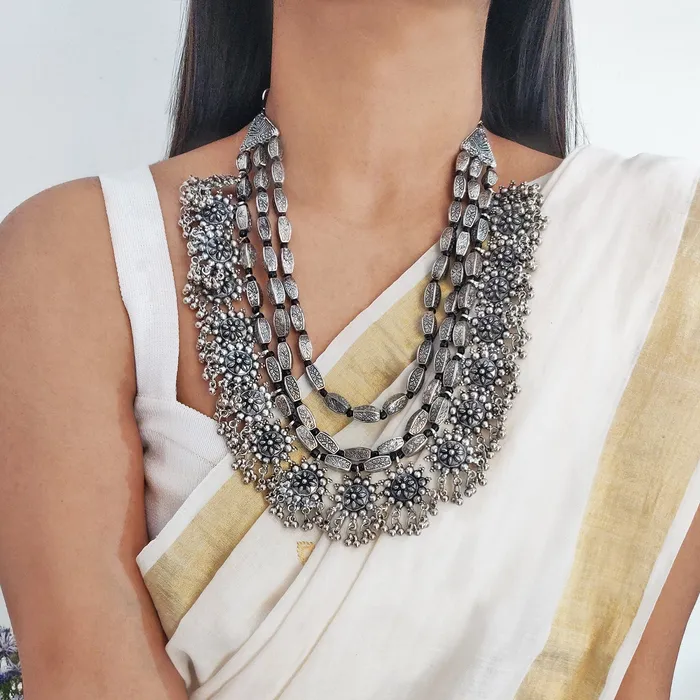 Teejh Necklaces Arunima Floral Silver Oxidized Long Layered Necklace Teejh Necklaces Arunima Floral Silver Oxidized Long Layered Necklace