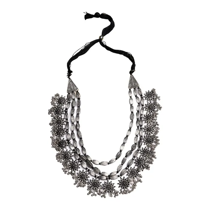 Teejh Necklaces Arunima Floral Silver Oxidized Long Layered Necklace Teejh Necklaces Arunima Floral Silver Oxidized Long Layered Necklace