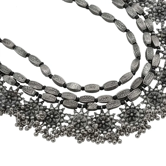 Teejh Necklaces Arunima Floral Silver Oxidized Long Layered Necklace Teejh Necklaces Arunima Floral Silver Oxidized Long Layered Necklace