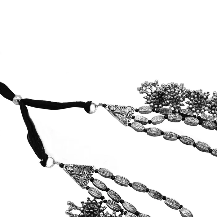 Teejh Necklaces Arunima Floral Silver Oxidized Long Layered Necklace Teejh Necklaces Arunima Floral Silver Oxidized Long Layered Necklace
