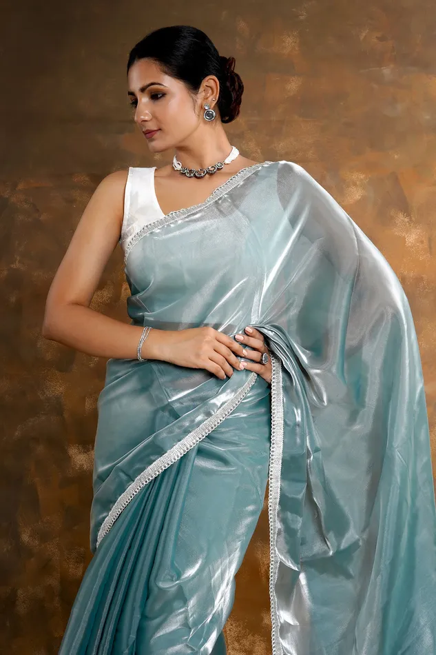 Teejh Powder Blue Tissue Saree Teejh Rings