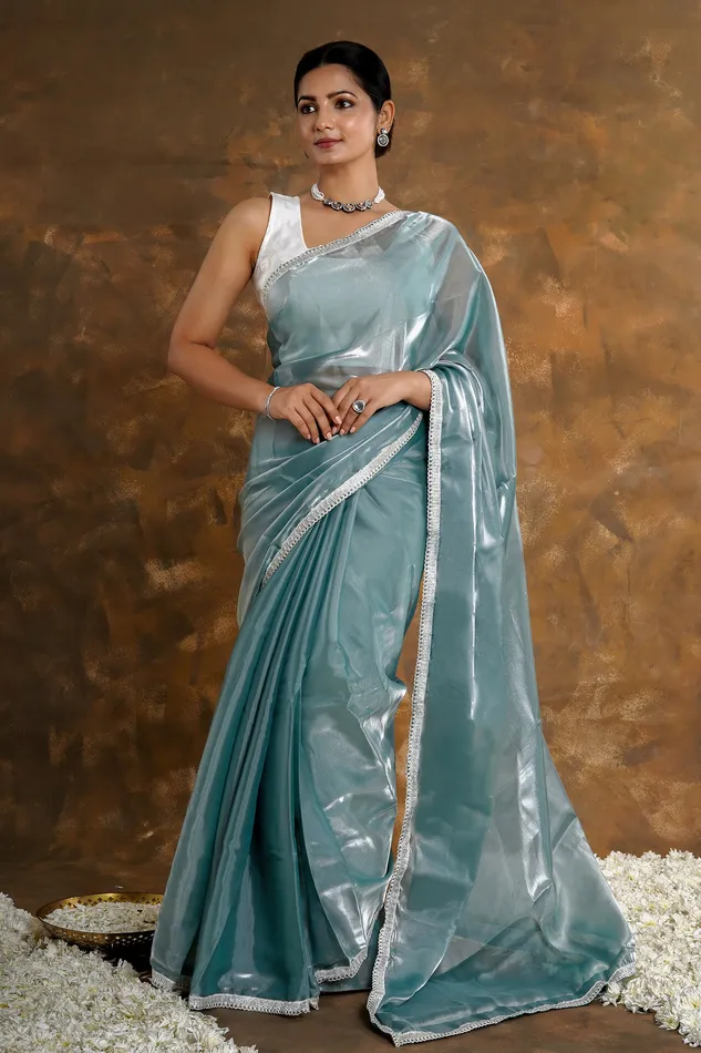 Teejh Powder Blue Tissue Saree Teejh Rings