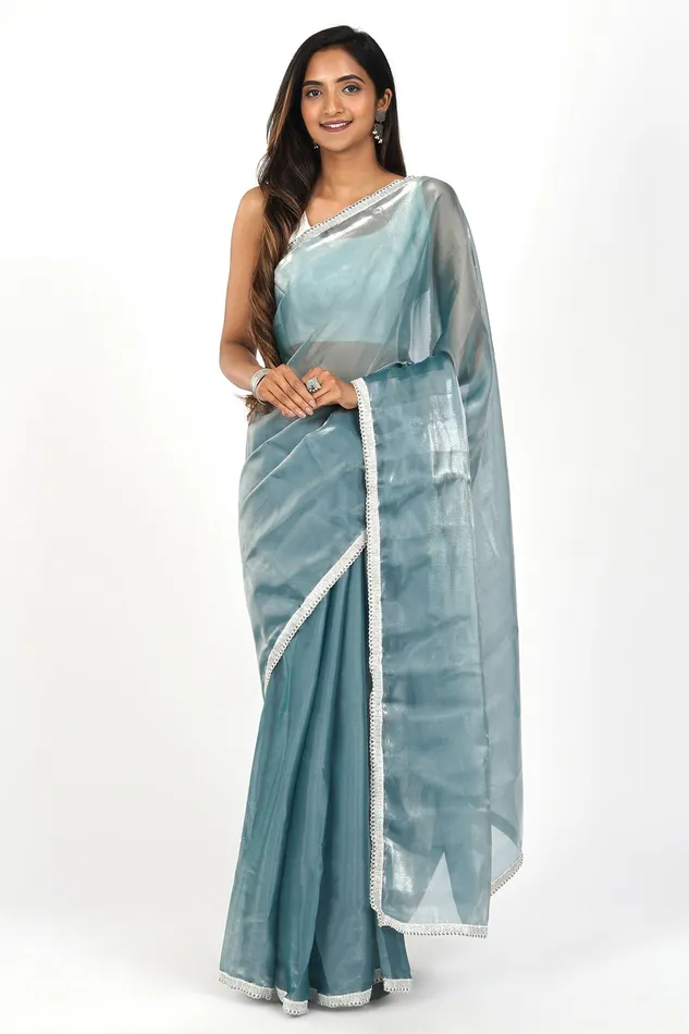 Teejh Powder Blue Tissue Saree Teejh Rings