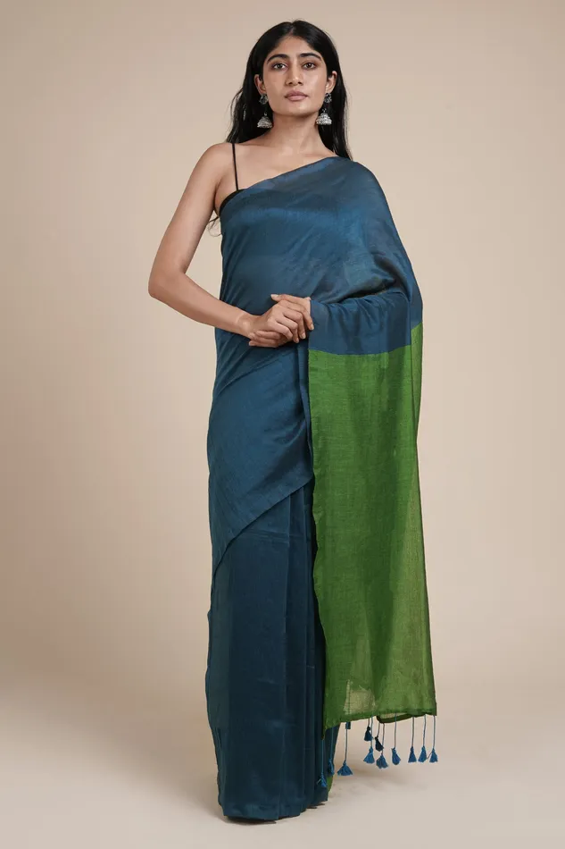 Teejh Teejh Varuni Deep Blue Green Mulmul Saree Rings