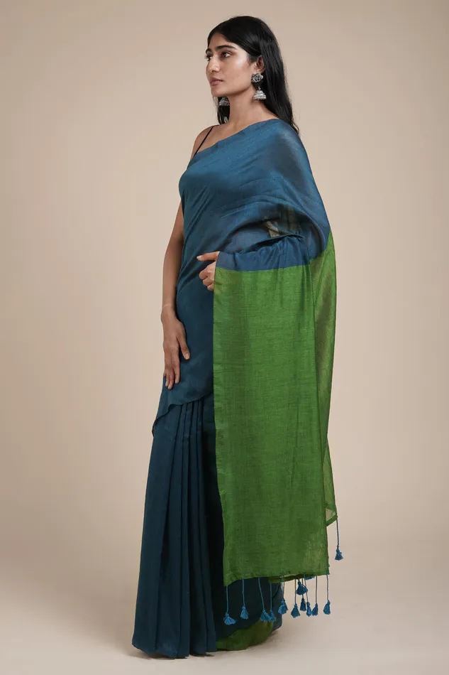 Teejh Teejh Varuni Deep Blue Green Mulmul Saree Rings