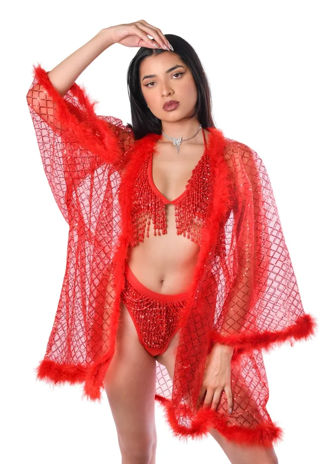 THE LUMi SHOP Earrings Fuzzy Sequin Kimono Red Glitter