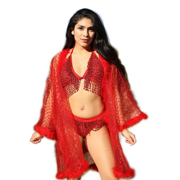 THE LUMi SHOP Earrings Fuzzy Sequin Kimono Red Glitter