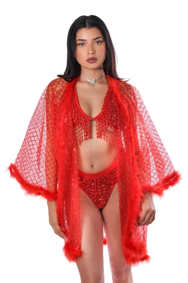 THE LUMi SHOP Earrings Fuzzy Sequin Kimono Red Glitter