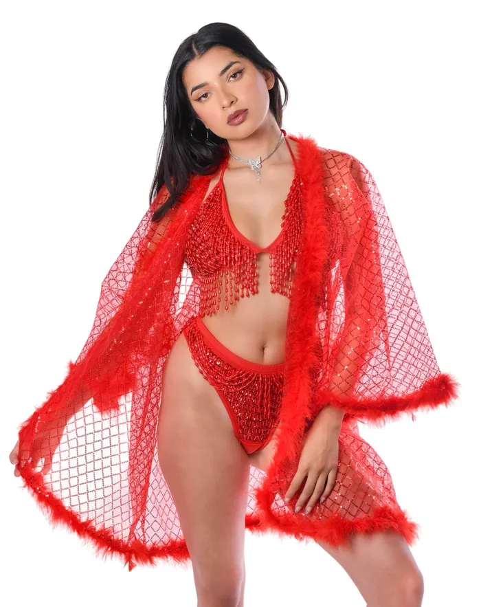 THE LUMi SHOP Earrings Fuzzy Sequin Kimono Red Glitter