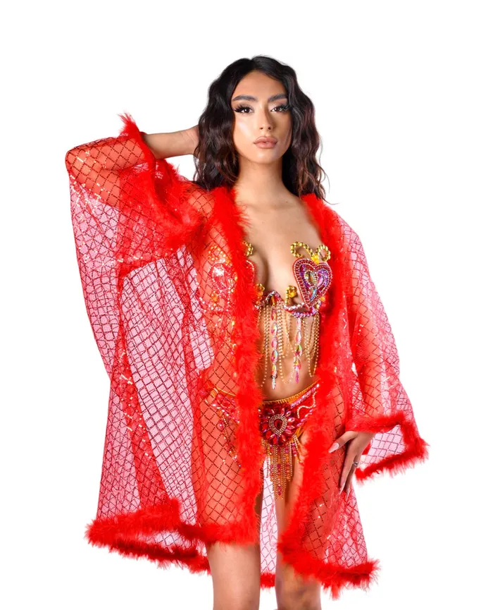 THE LUMi SHOP Earrings Fuzzy Sequin Kimono Red Glitter