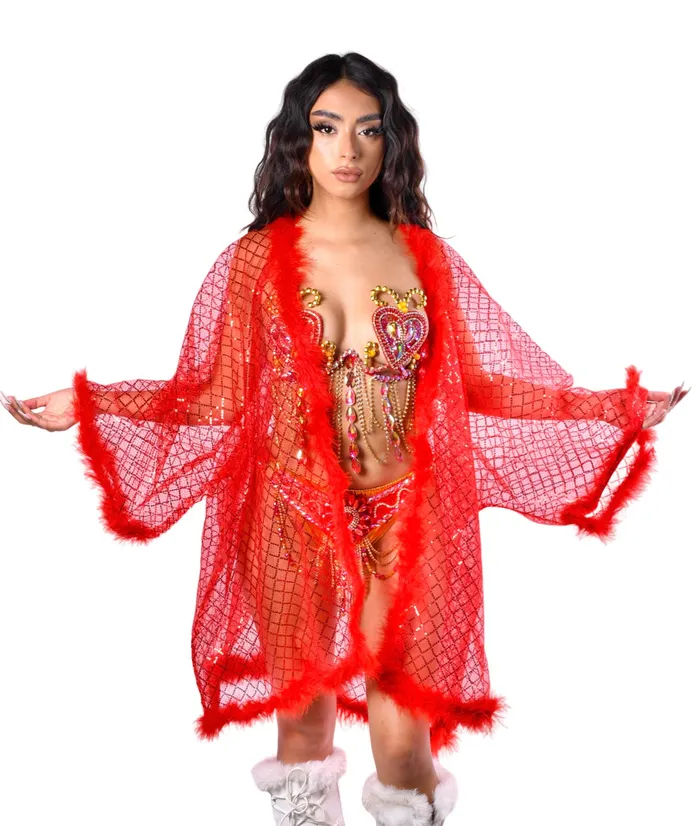 THE LUMi SHOP Earrings Fuzzy Sequin Kimono Red Glitter