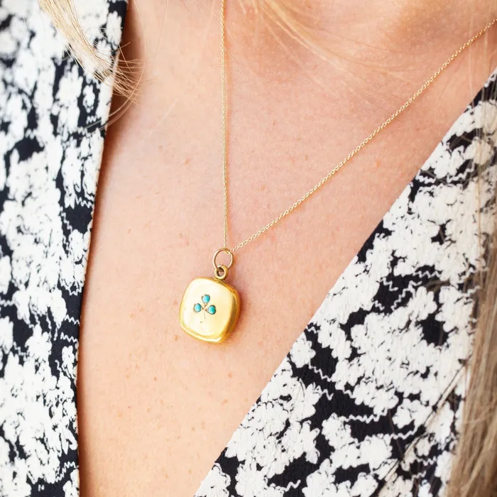 Vintage Necklaces Turquoise Clover and 10k Gold Locket