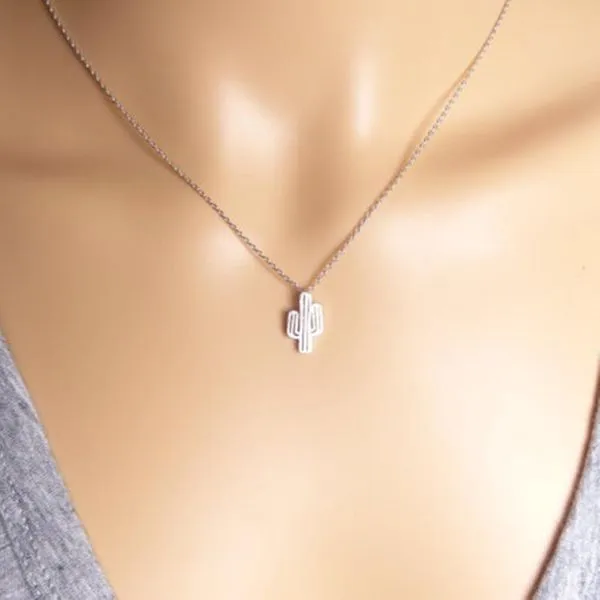 01 Earrings N872 Silver Dainty Cactus Necklace FREE Earrings