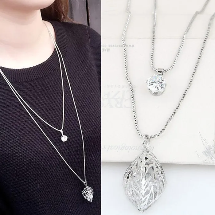 01 Necklaces N1294 Silver 3D Leaf Cage with Gems Inside Necklace with FREE Earrings 01 Necklaces N1294 Silver 3D Leaf Cage with Gems Inside Necklace with FREE Earrings