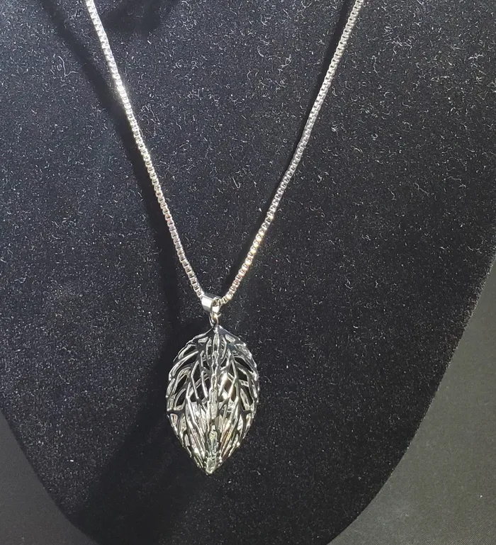 01 Necklaces N1294 Silver 3D Leaf Cage with Gems Inside Necklace with FREE Earrings