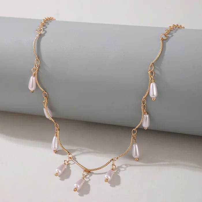 01 Necklaces N1684 Gold Pearl Dangle Necklace With FREE Earrings