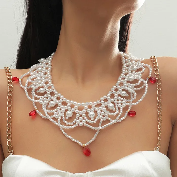 01 Necklaces N1704 Pearl Red Gem Statement Necklace with FREE Earrings