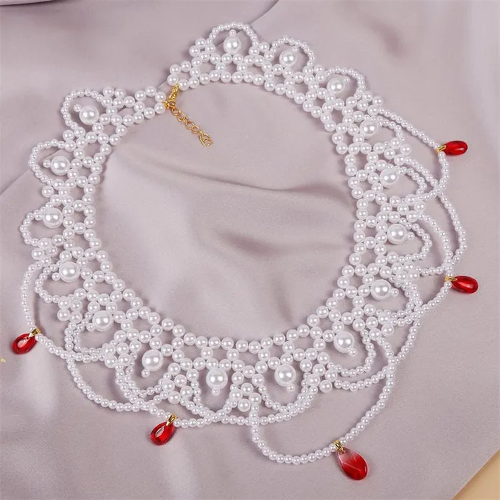 01 Necklaces N1704 Pearl Red Gem Statement Necklace with FREE Earrings